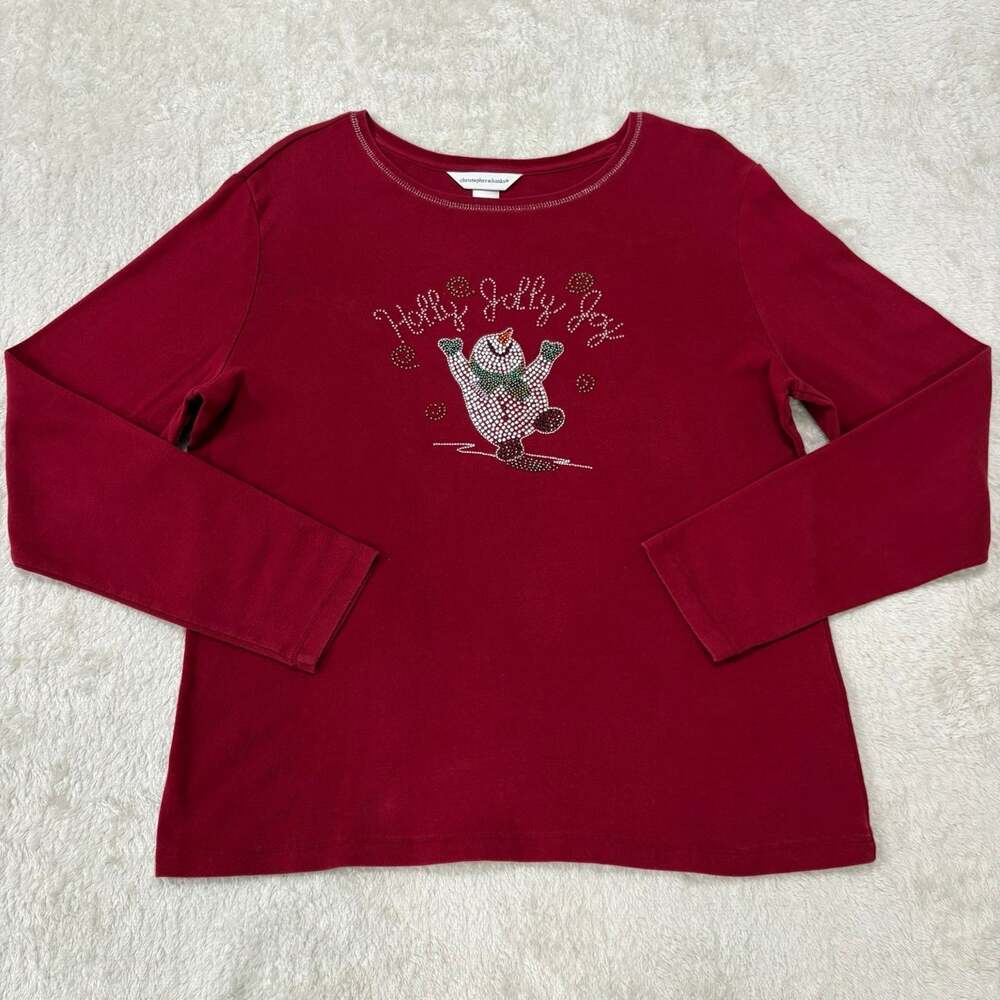 Christopher Banks Womens L Red Rhinestone Snowman Christmas Top Holly Jolly